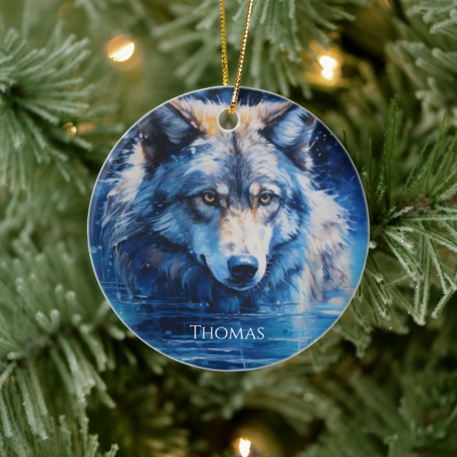 Adorno De Cerámica Winter Wolf Nombre personalizado (Árbol)