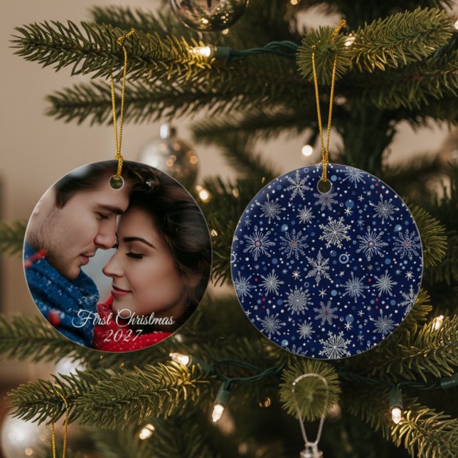 Adorno De Cerámica Winter Wonderland Snowflake Photo (First Christmas holiday photo Christmas ornament)