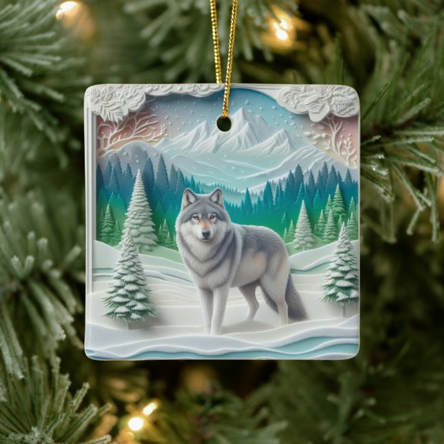 Adorno De Cerámica Winter Wonderland Wolf Personalized Christmas  (Árbol)