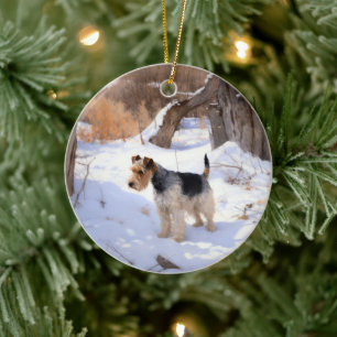Adorno De Cerámica Wire Fox Terrier Deja Que Nieva Navidades