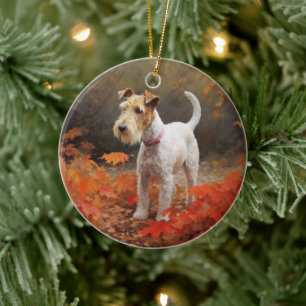 Adorno De Cerámica Wirefox Terrier en otoño hojas caídas inspiran