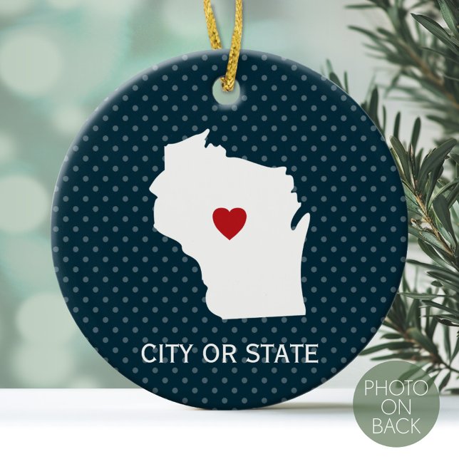Adorno De Cerámica Wisconsin Map Home State Love Personalizado City B (Personalized Photo Ornament)