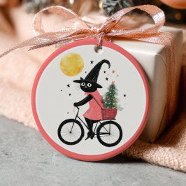 Adorno De Cerámica Witch Black Cat Cycling Xmas Tree Witchy Christmas