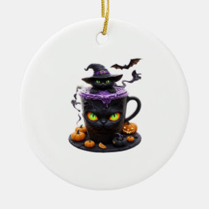 Adorno De Cerámica Witch Cat Halloween Latte  Café Creepy Cute con