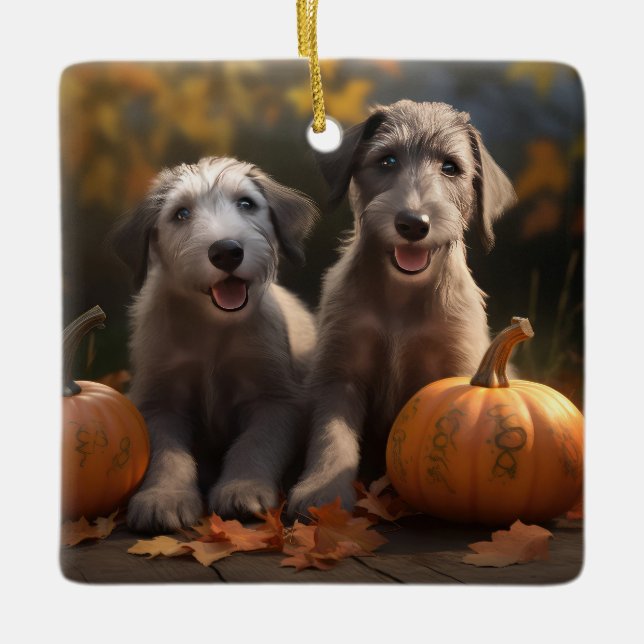 Adorno De Cerámica Wolfhound Puppy Calabaza deslumbrante de otoño (Anverso)