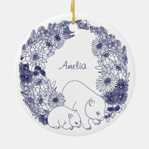 Adorno De Cerámica Wombat Navideño Azul Personalizado