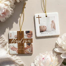 Adorno De Cerámica Woodgrain Baptism Calligraphy Photo Collage Baby