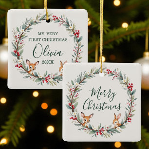 Adorno De Cerámica Woodland Animals Baby First Merry Christmas