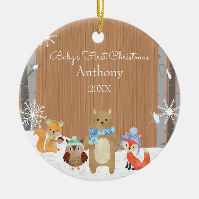 Adorno De Cerámica Woodland Animals Baby's First Christmas (Frente)