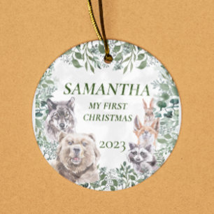 Adorno De Cerámica Woodland Animals Cute First Christmas Baby