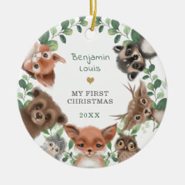 Adorno De Cerámica Woodland Animals Greenery Wreath Primera Navidad C