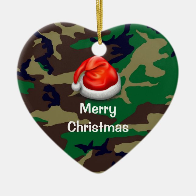 Adorno De Cerámica Woodland Camouflage Feliz Corazón de Navidad (Frente)