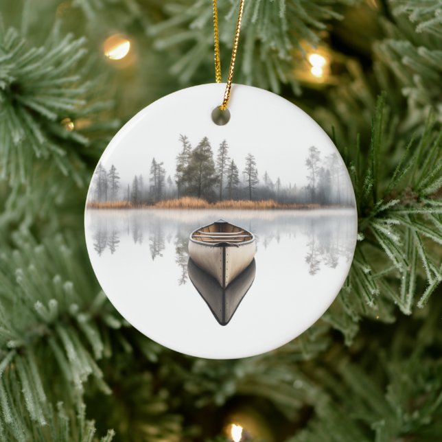 Adorno De Cerámica Woodland Canoe Round Holiday Ornament (Árbol)
