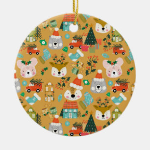 Adorno De Cerámica Woodland Cute Santa Animals Amarillo