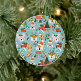 Adorno De Cerámica Woodland Cute Santa Animals Blue
