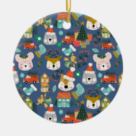 Adorno De Cerámica Woodland Cute Santa Animals Denim Blue