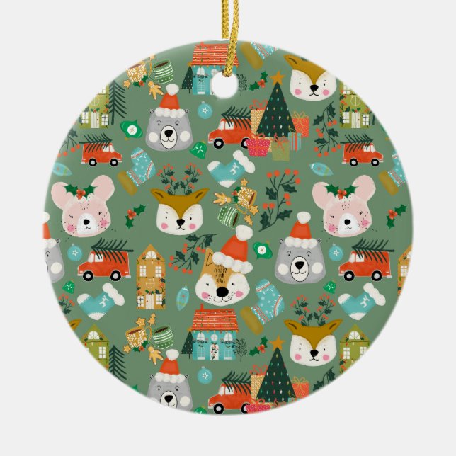 Adorno De Cerámica Woodland Cute Santa Animals Green (Frente)
