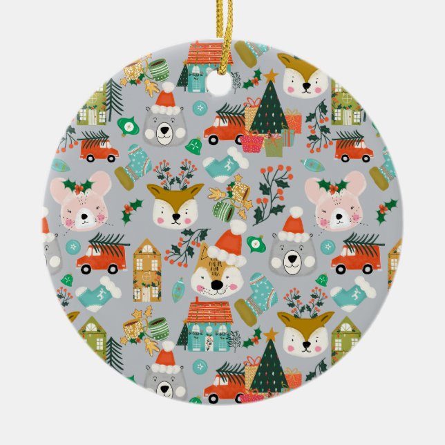 Adorno De Cerámica Woodland Cute Santa Animals Grey (Frente)