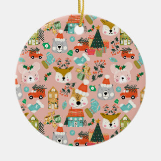 Adorno De Cerámica Woodland Cute Santa Animals Pink