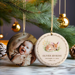 Adorno De Cerámica Woodland Deer Newborn Birth Stats Photo Ornament