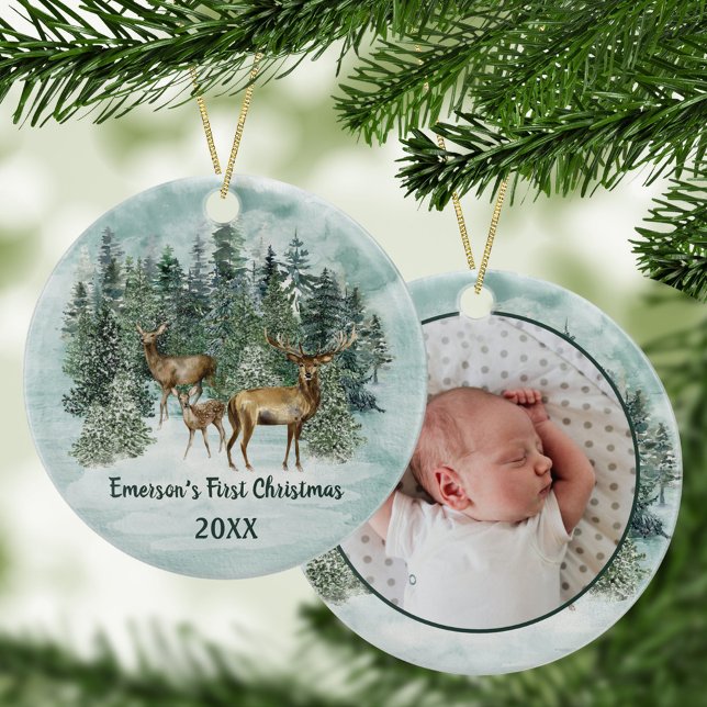 Adorno De Cerámica Woodland Forest Deer First Christmas Photo (Subido por el creador)
