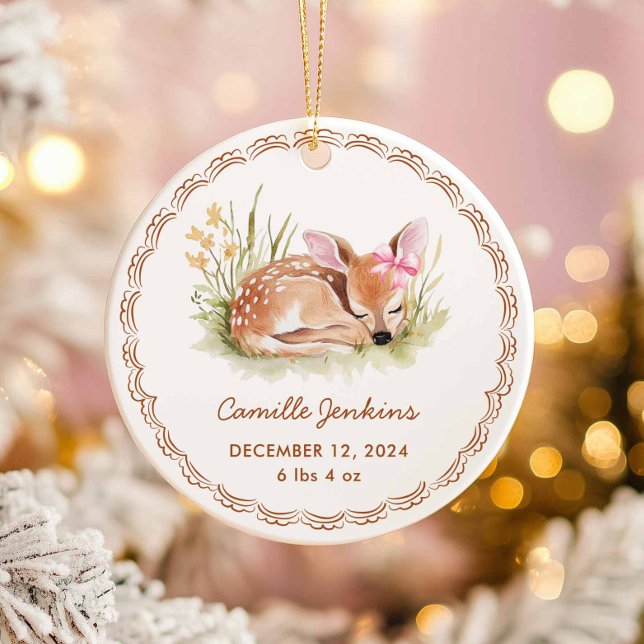 Adorno De Cerámica Woodland Girl Baby Birth Stats Photo Christmas (Cute Deer Fawn Girl Baby Birth Stats Ornament)