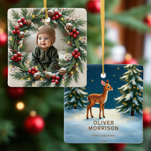 Adorno De Cerámica Woodland personalizado primer venado de Navidad