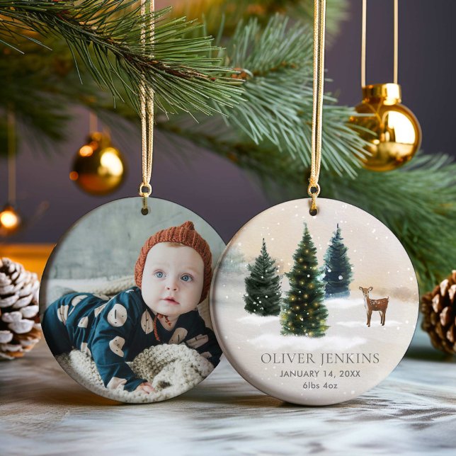Adorno De Cerámica Woodland Primera Navidad con estadísticas de natal (Woodland Personalized First Christmas Ornament)