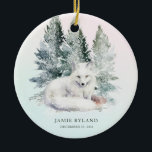 Adorno De Cerámica Woodland primera Navidad con foto de bebé<br><div class="desc">Marcar una primera Navidad mágica con este adorno de fotos de bosques personalizados. Un lado muestra la dulce foto de tu bebé, mientras el otro muestra un tranquilo zorro acuarela en una escena boscosa de nieve. Añada el nombre y la fecha de nacimiento de su hijo para crear un recuerdo...</div>