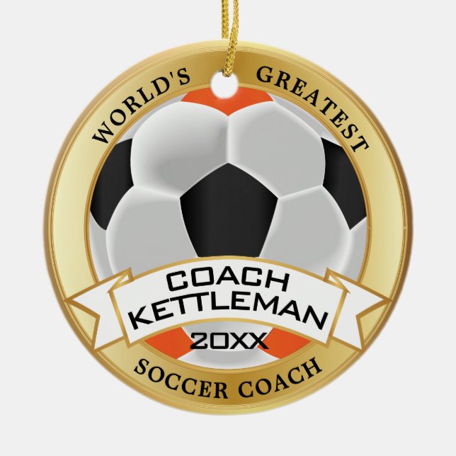Adorno De Cerámica World's Greatest Soccer Coach Orange, Black, White (Frente)