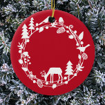 Adorno De Cerámica Wreath de Deer Forest<br><div class="desc">Un bonito y un exclusivo estilo escandinavo ciervo rojo y blanco en el diseño forestal para un toque de magia de vacaciones. Arte original de Nic Squirrell.</div>