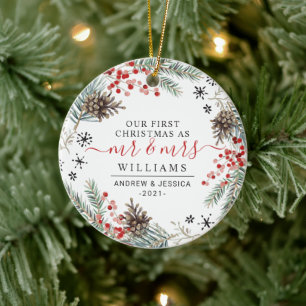 Adorno De Cerámica Wreath de Navidades de acuarela rusa Sr. y la Sr