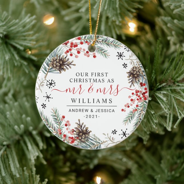 Adorno De Cerámica Wreath de Navidades de acuarela rusa | Sr. y la Sr (Árbol)
