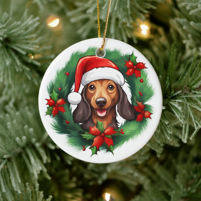 Adorno De Cerámica Wreath de Navidades de Dachshund (Árbol)