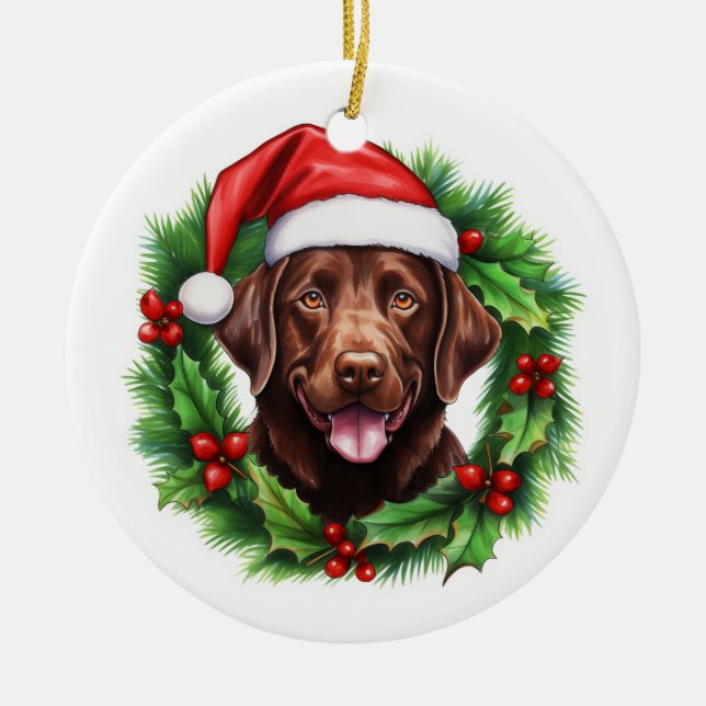Adorno De Cerámica Wreath de Navidades recuperadores de Chocolate Lab (Frente)