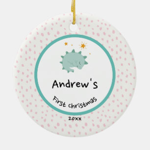 Adorno De Cerámica Wreath de oliage de oro   Bebé First Christmas Blu