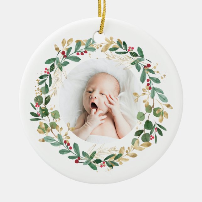 Adorno De Cerámica Wreath de oliage de oro | Bebé Primera Navidad Mod (Frente)