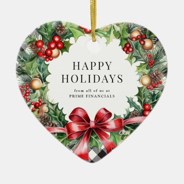 Adorno De Cerámica Wreath Holly Berries Black Plaid Business (Frente)