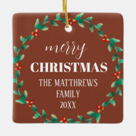 Adorno De Cerámica Wreath Merry Christmas Photo Name Terracotta