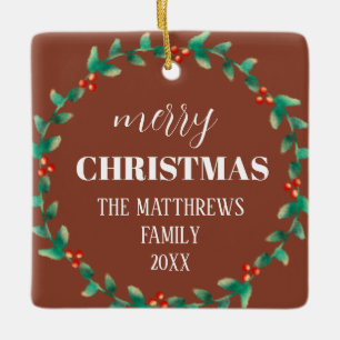 Adorno De Cerámica Wreath Merry Christmas Photo Name Terracotta