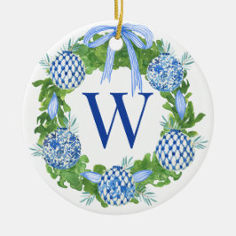 Adorno De Cerámica Wreath Monograma Blue & White Chinoiserie