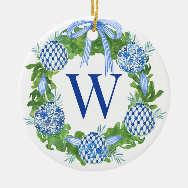 Adorno De Cerámica Wreath Monograma Blue & White Chinoiserie (Frente)
