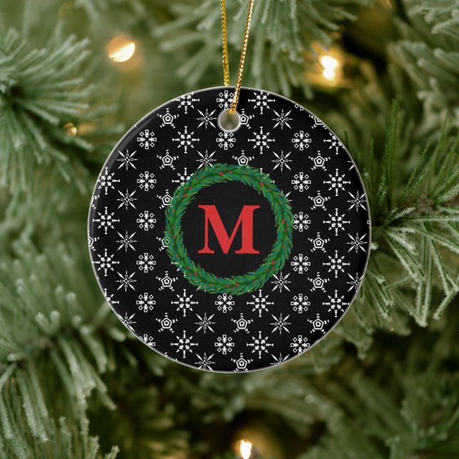 Adorno De Cerámica Wreath Monograma tu nombre Copos de nieve amarillo (Árbol)