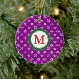 Adorno De Cerámica Wreath Monograma tu nombre Copos de nieve blancos