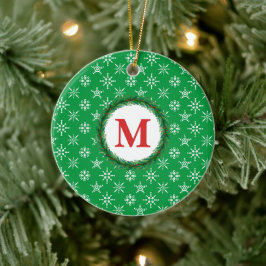 Adorno De Cerámica Wreath Monograma tu nombre Copos de nieve blancos