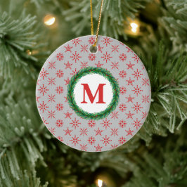 Adorno De Cerámica Wreath Monograma Tu Nombre Rojo Snowflakes Silver
