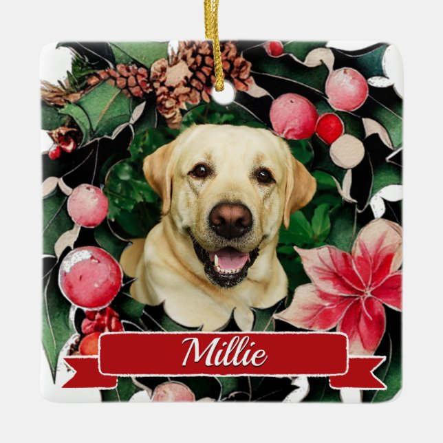 Adorno De Cerámica Wreath, Navidades de acuarela fotográfica mascota (Anverso)