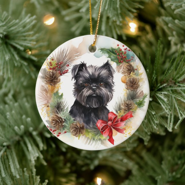 Adorno De Cerámica Wreath, Navidades de Affenpinscher | Pup festivo (Árbol)