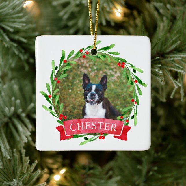 Adorno De Cerámica Wreath, Navidades de fotografía de perro (Árbol)