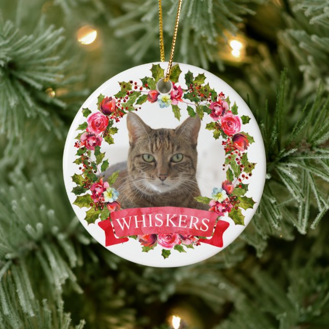 Adorno De Cerámica Wreath, Navidades de fotos de gatos (Árbol)